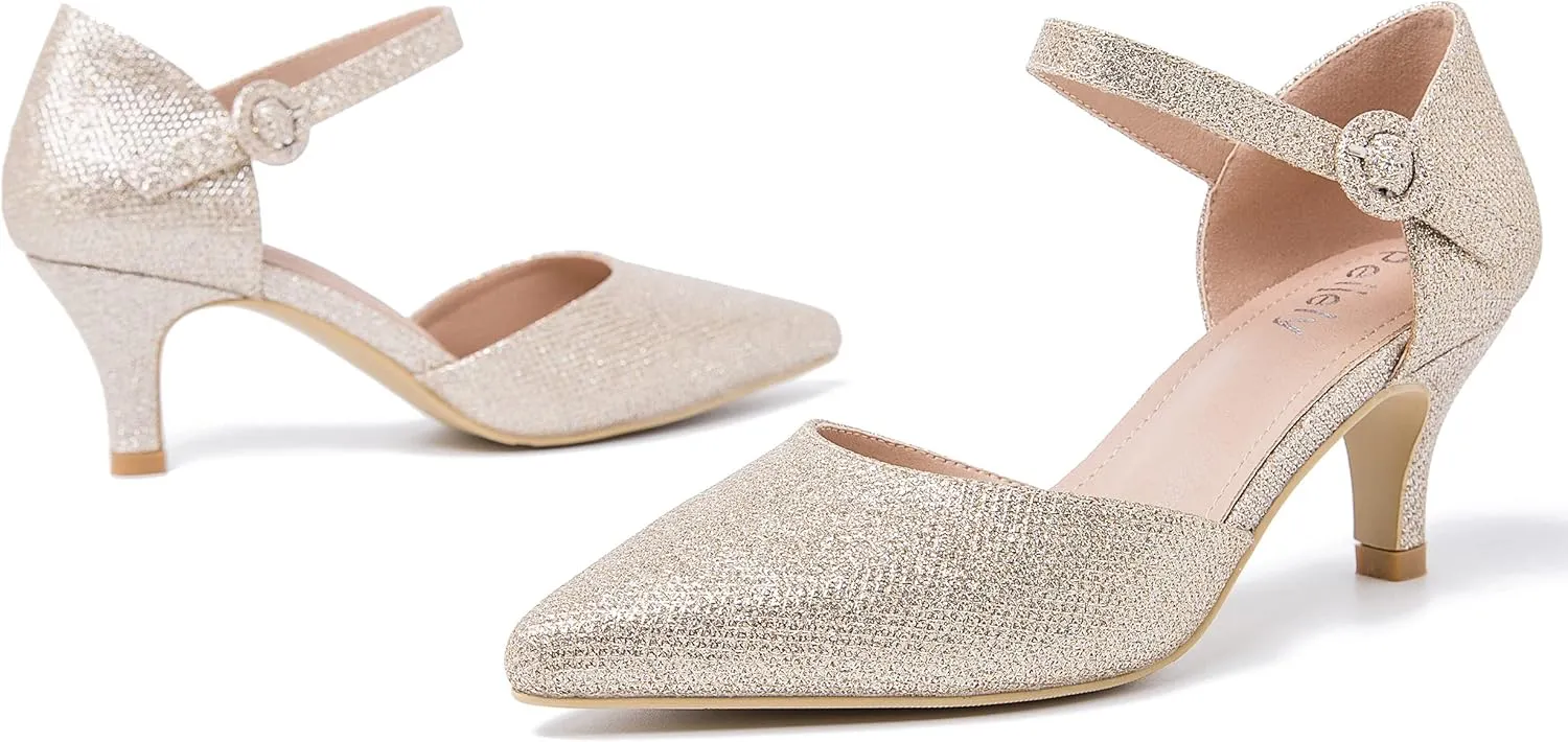 Women's Closed Pointed Toe Heels Ankle Strap D'Orsay Kitten Heel Dressy Pumps