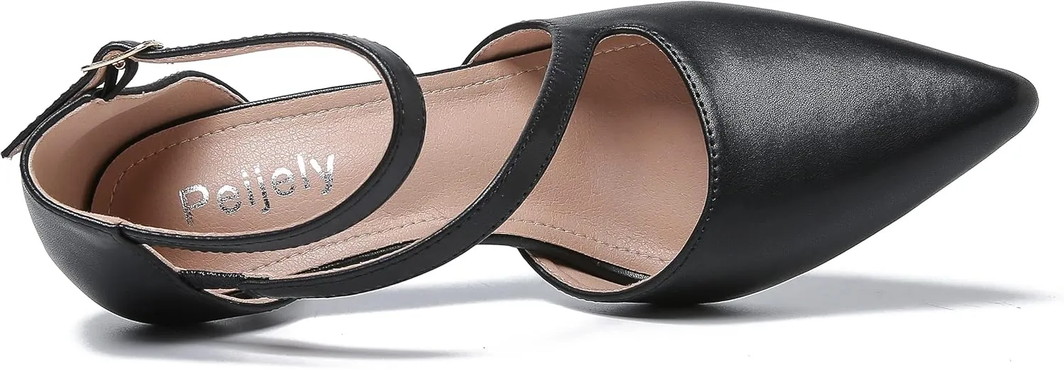 Women's Closed Pointed Toe Heels Ankle Strap D'Orsay Kitten Heel Dressy Pumps