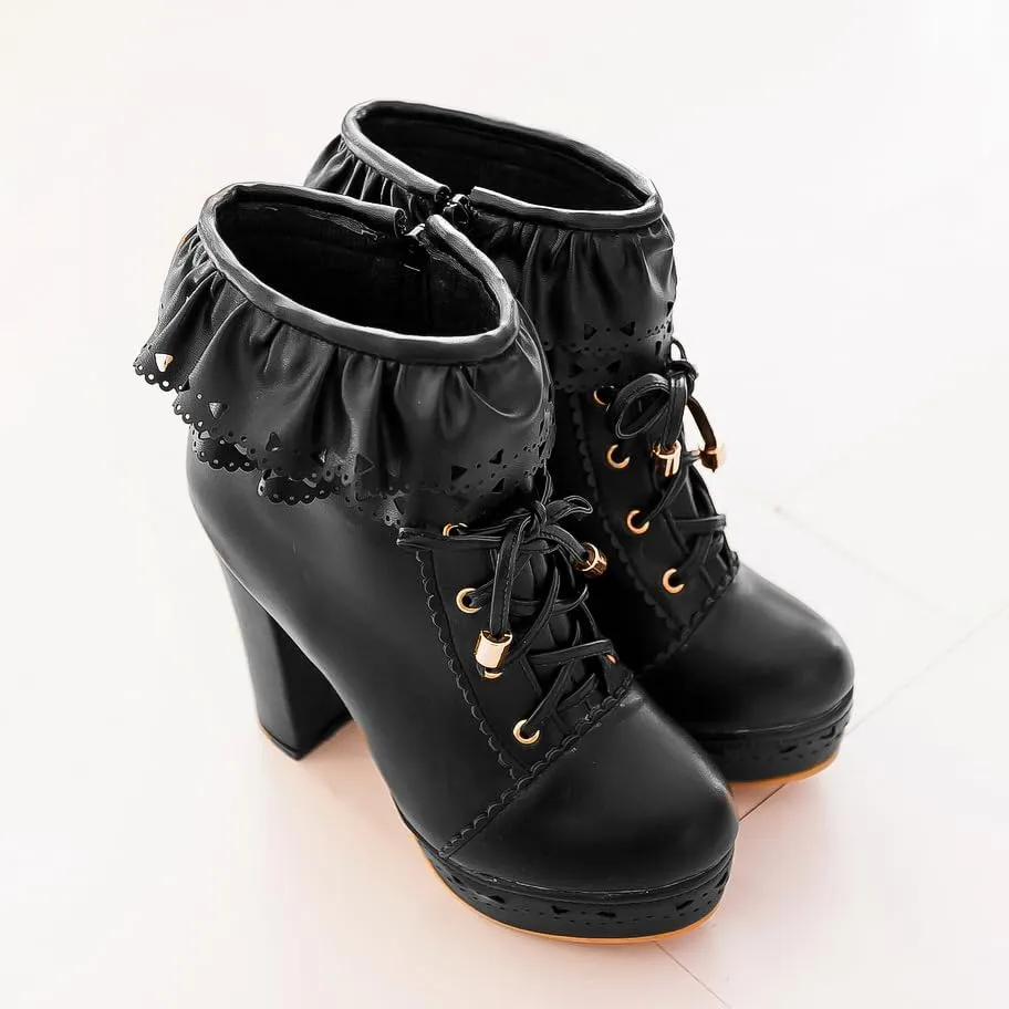 Women's Cute Lace up High Heel Boots, Kawaii Cosplay Chunky Block Platform Kawaii Boots, Dress Winter Ankle Lolita Booties Shoes