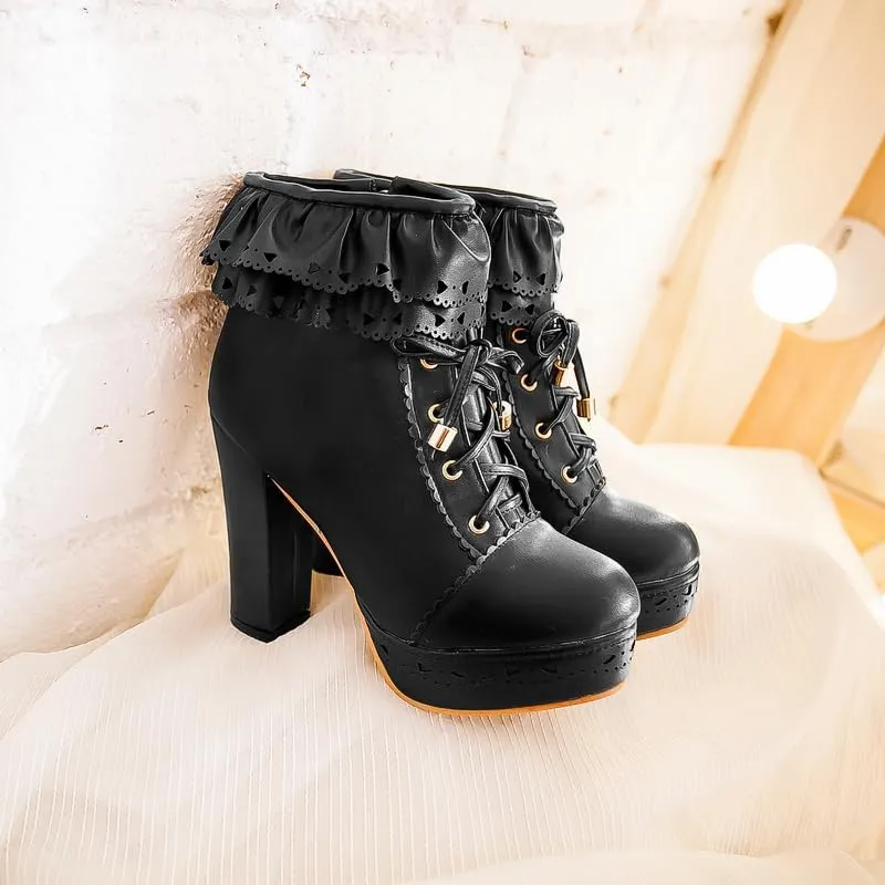 Women's Cute Lace up High Heel Boots, Kawaii Cosplay Chunky Block Platform Kawaii Boots, Dress Winter Ankle Lolita Booties Shoes