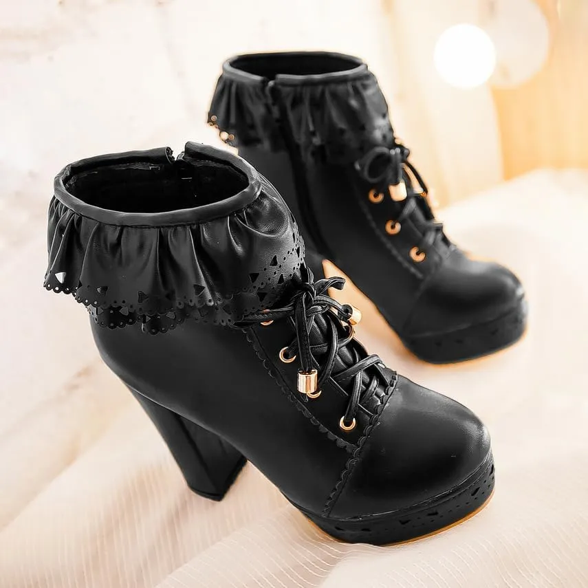 Women's Cute Lace up High Heel Boots, Kawaii Cosplay Chunky Block Platform Kawaii Boots, Dress Winter Ankle Lolita Booties Shoes