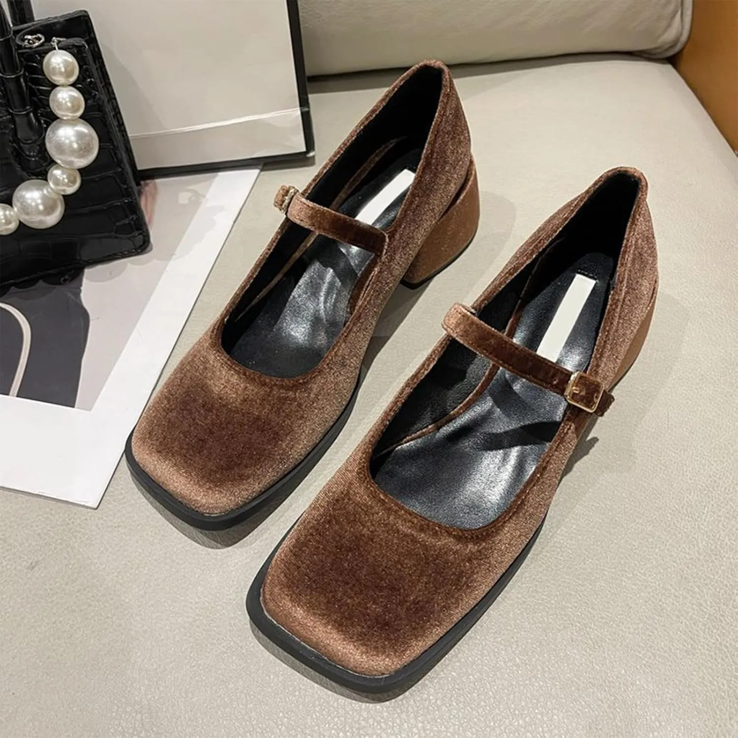 Women's Elegant Velvet Closed Square Toe Mary Jane Pumps Classic Low Chunky Heel Adjustable Buckle Dress Shoes Office Work Shoes