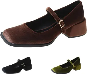 Women's Elegant Velvet Closed Square Toe Mary Jane Pumps Classic Low Chunky Heel Adjustable Buckle Dress Shoes Office Work Shoes