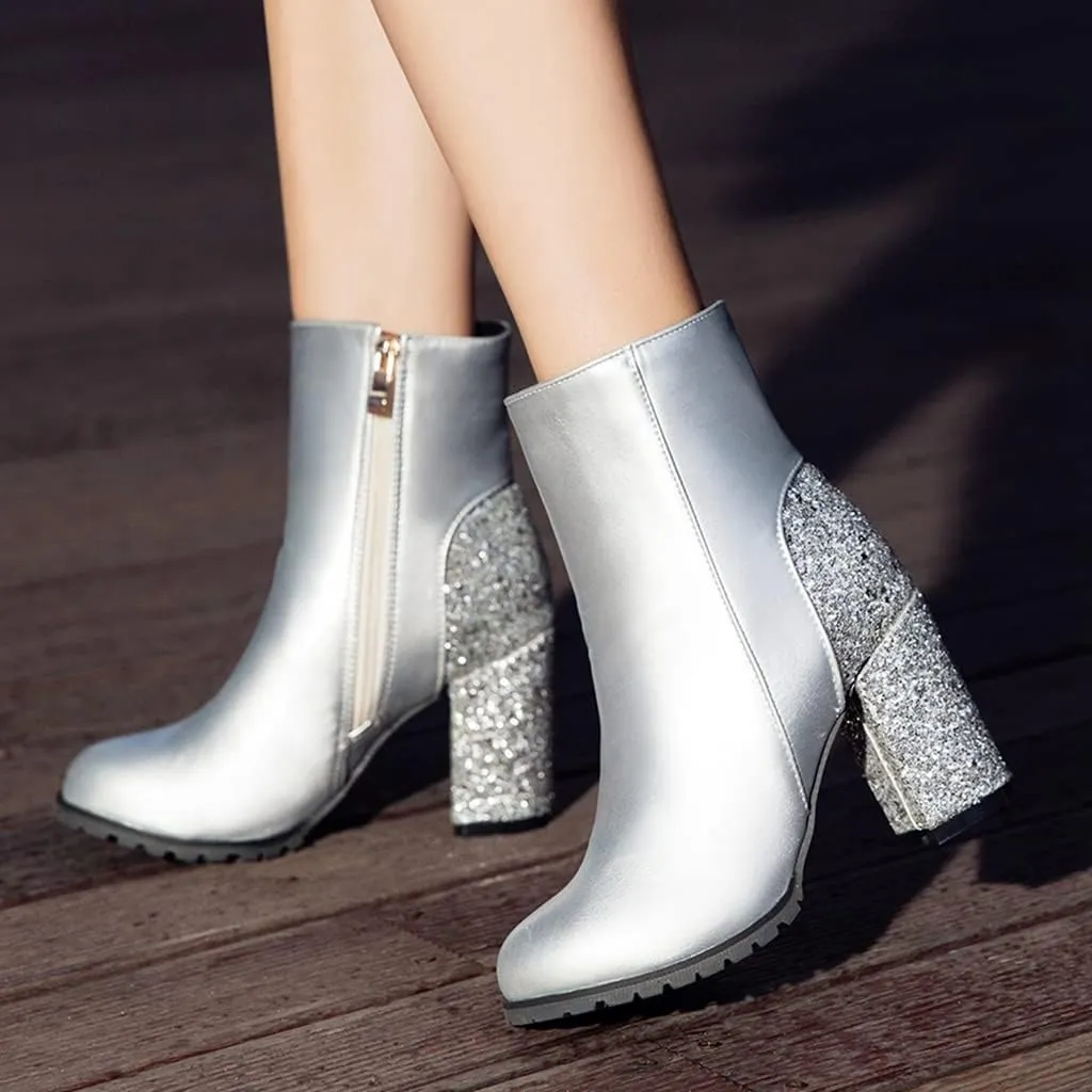 Women's Fashion Glitter Chunky High Heel Dressy Ankle Boots Round Toe Side Zipper Dress Short Booties