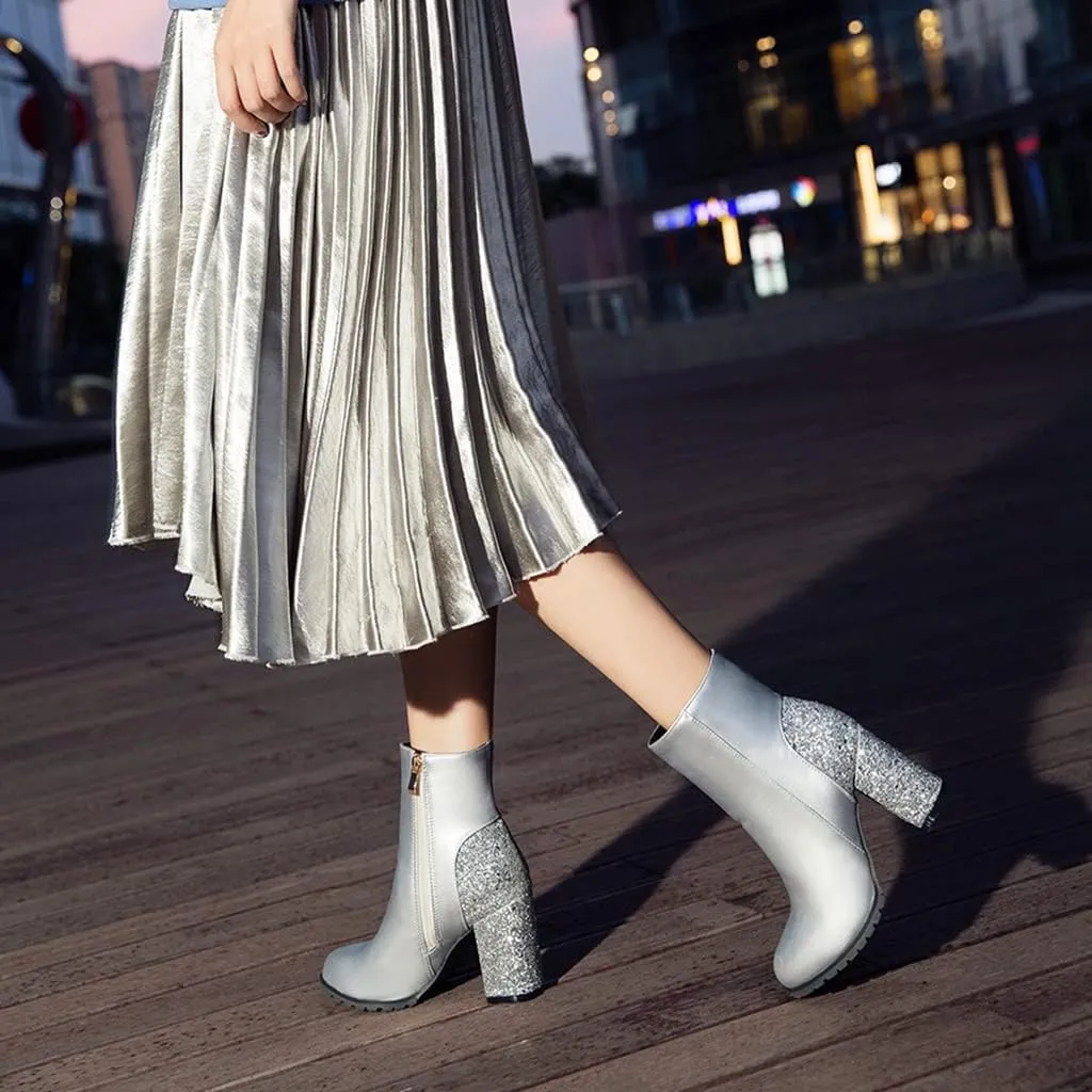 Women's Fashion Glitter Chunky High Heel Dressy Ankle Boots Round Toe Side Zipper Dress Short Booties