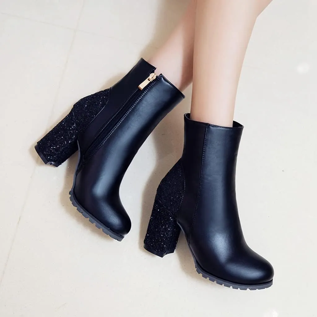 Women's Fashion Glitter Chunky High Heel Dressy Ankle Boots Round Toe Side Zipper Dress Short Booties