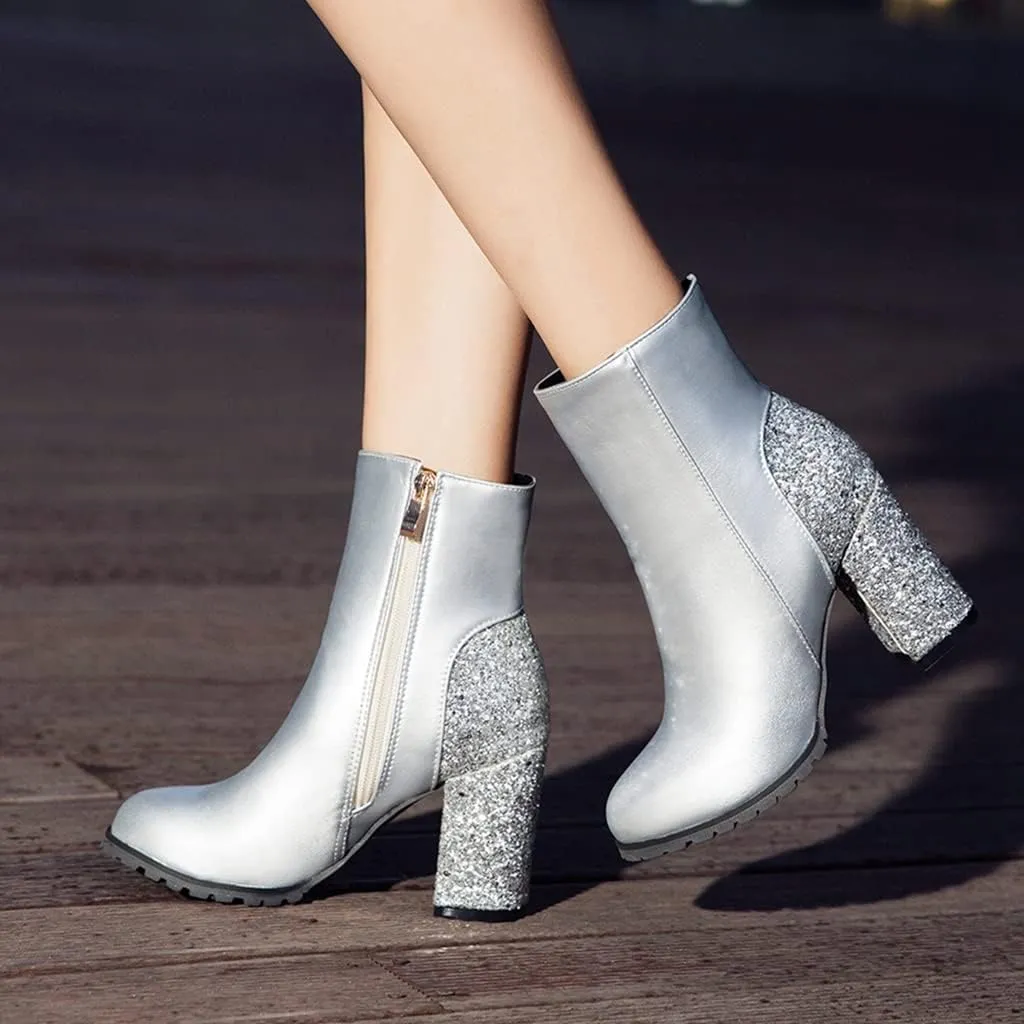 Women's Fashion Glitter Chunky High Heel Dressy Ankle Boots Round Toe Side Zipper Dress Short Booties