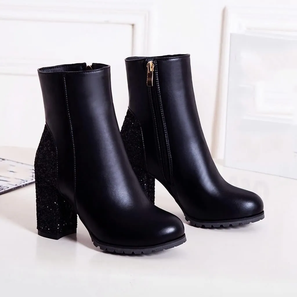 Women's Fashion Glitter Chunky High Heel Dressy Ankle Boots Round Toe Side Zipper Dress Short Booties