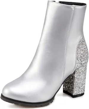 Women's Fashion Glitter Chunky High Heel Dressy Ankle Boots Round Toe Side Zipper Dress Short Booties