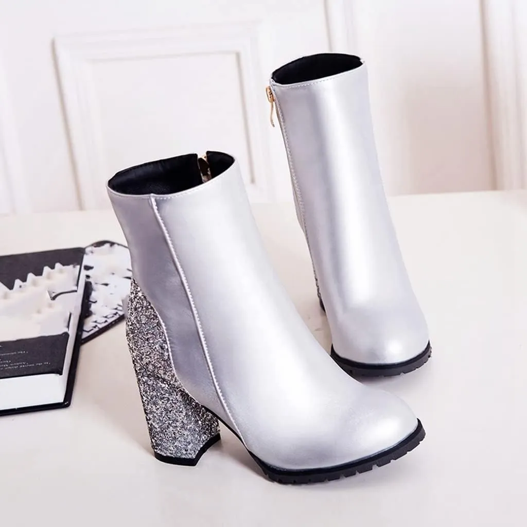 Women's Fashion Glitter Chunky High Heel Dressy Ankle Boots Round Toe Side Zipper Dress Short Booties