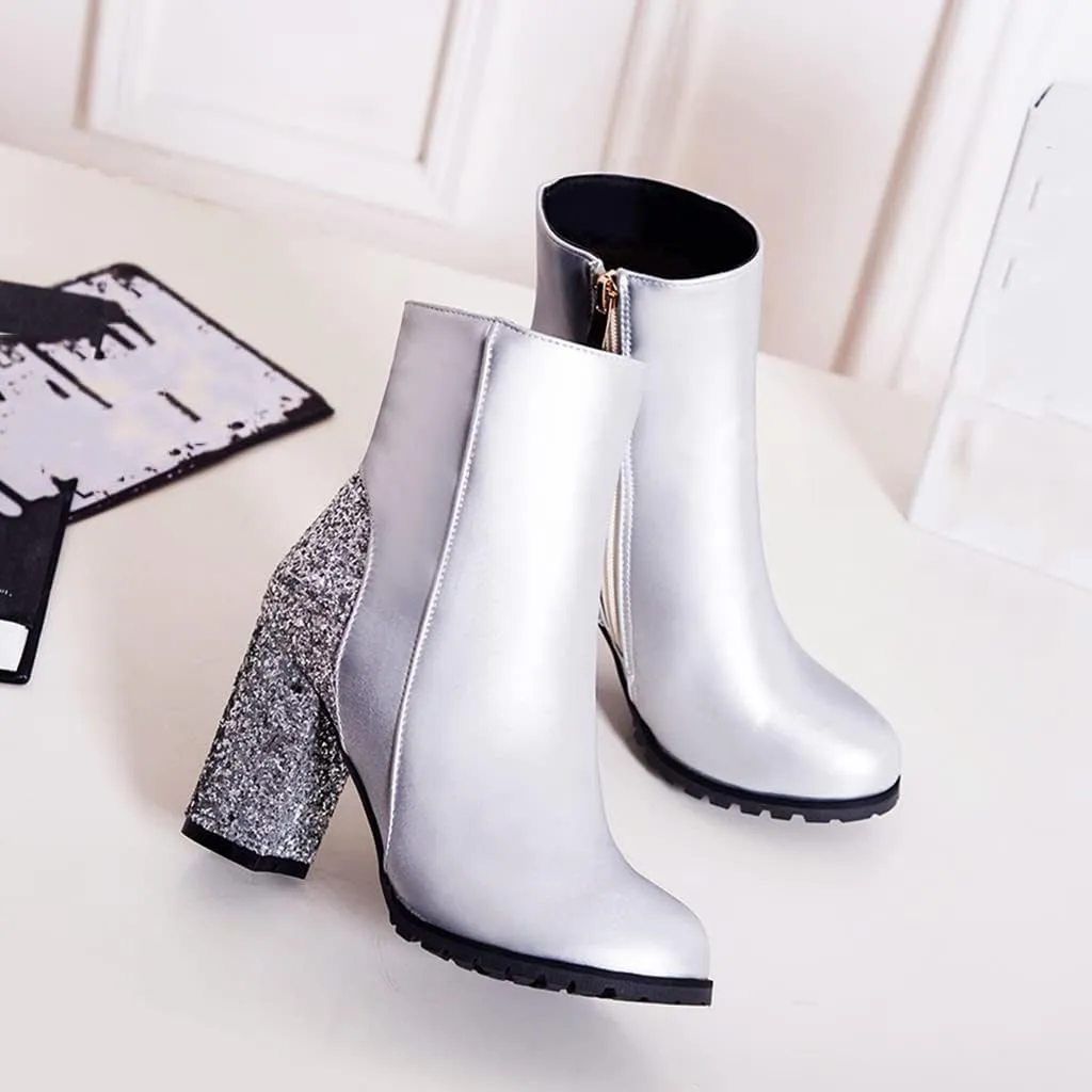 Women's Fashion Glitter Chunky High Heel Dressy Ankle Boots Round Toe Side Zipper Dress Short Booties
