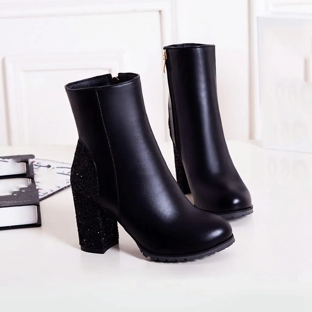 Women's Fashion Glitter Chunky High Heel Dressy Ankle Boots Round Toe Side Zipper Dress Short Booties