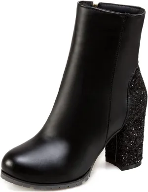 Women's Fashion Glitter Chunky High Heel Dressy Ankle Boots Round Toe Side Zipper Dress Short Booties