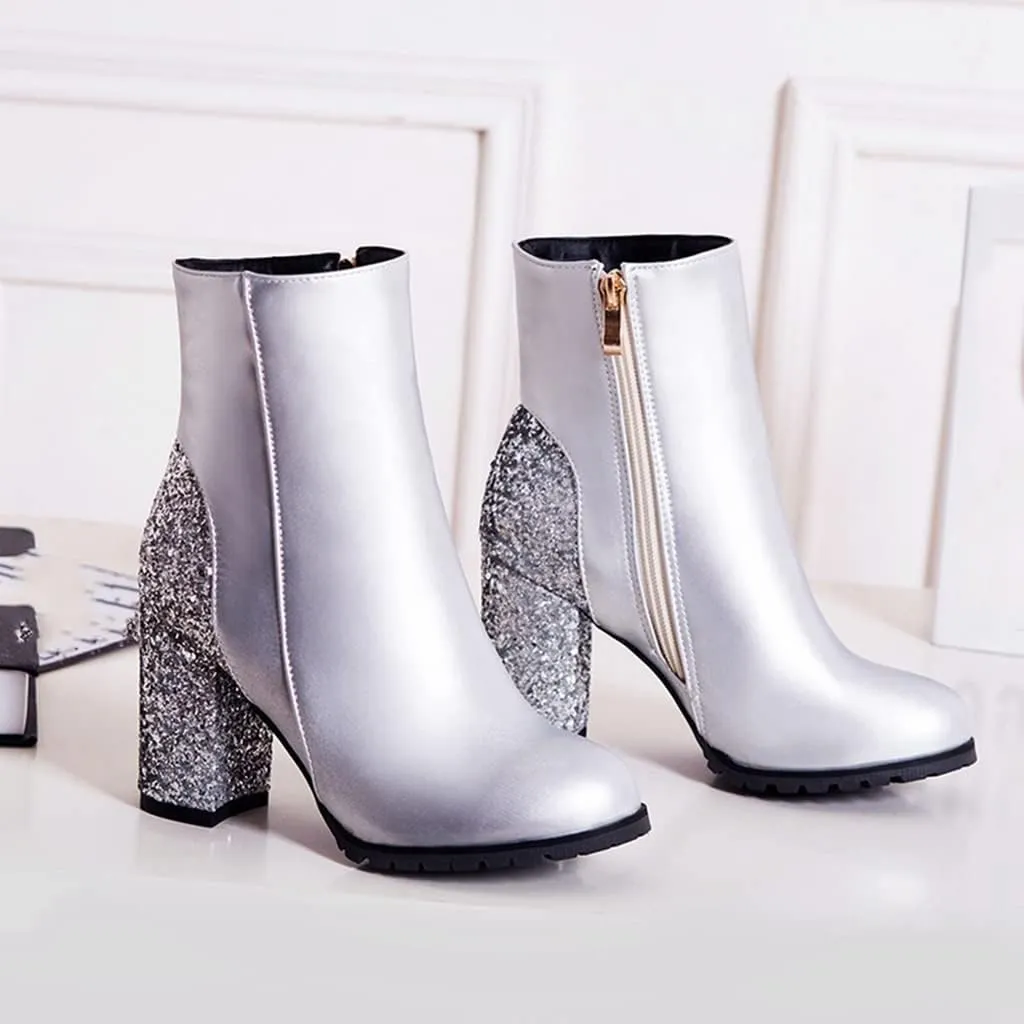 Women's Fashion Glitter Chunky High Heel Dressy Ankle Boots Round Toe Side Zipper Dress Short Booties