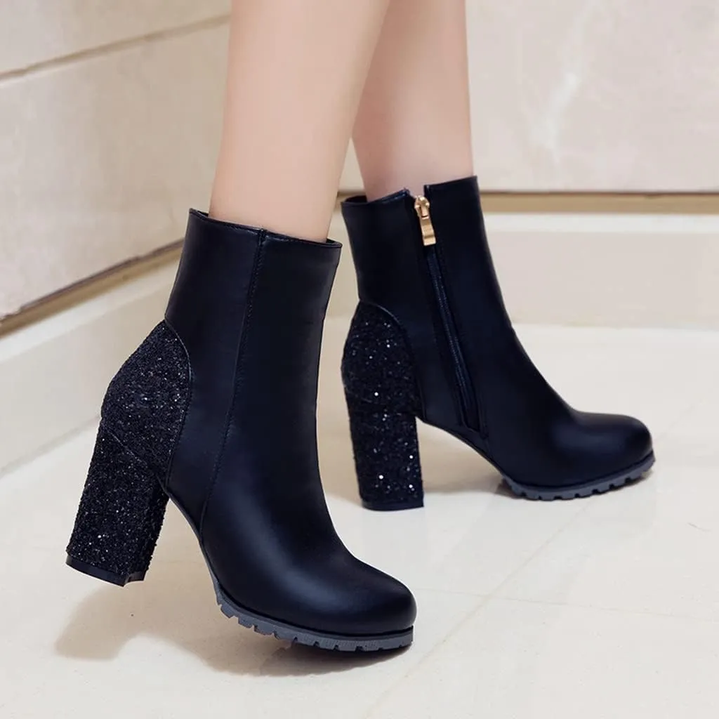 Women's Fashion Glitter Chunky High Heel Dressy Ankle Boots Round Toe Side Zipper Dress Short Booties