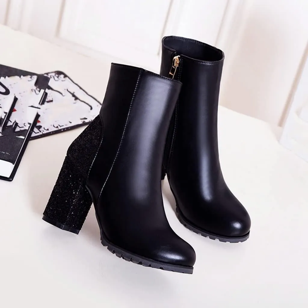 Women's Fashion Glitter Chunky High Heel Dressy Ankle Boots Round Toe Side Zipper Dress Short Booties