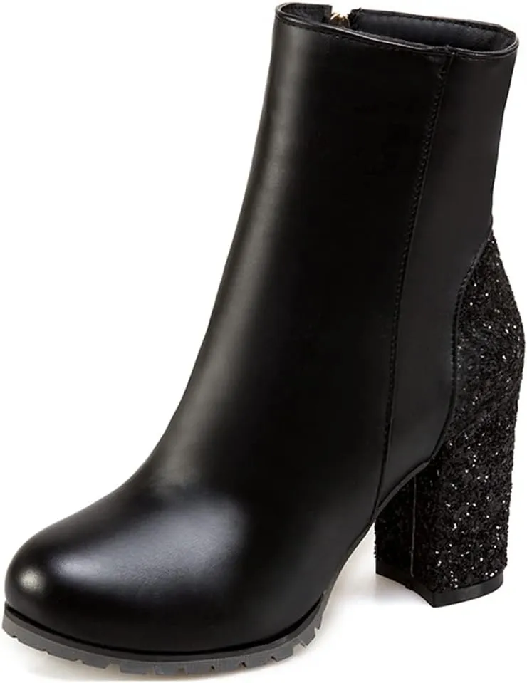 Women's Fashion Glitter Chunky High Heel Dressy Ankle Boots Round Toe Side Zipper Dress Short Booties