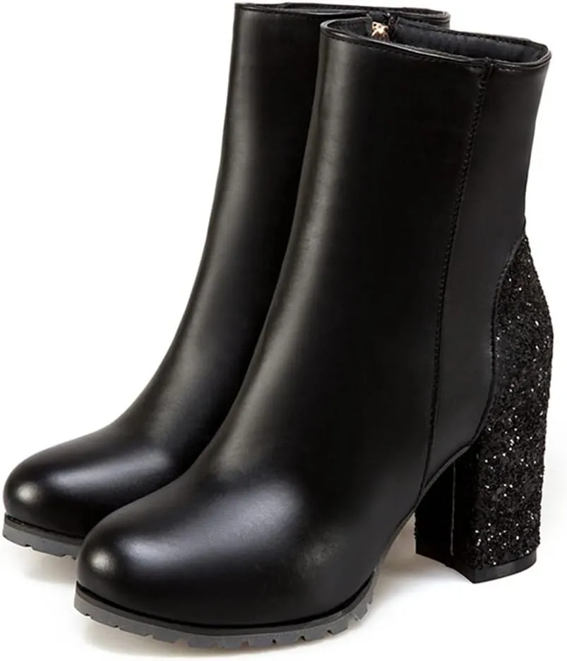 Women's Fashion Glitter Chunky High Heel Dressy Ankle Boots Round Toe Side Zipper Dress Short Booties