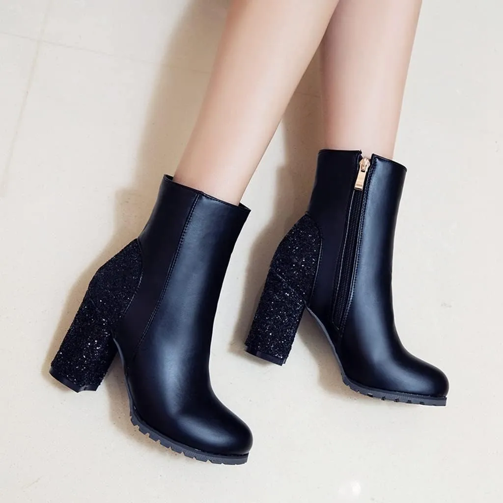Women's Fashion Glitter Chunky High Heel Dressy Ankle Boots Round Toe Side Zipper Dress Short Booties