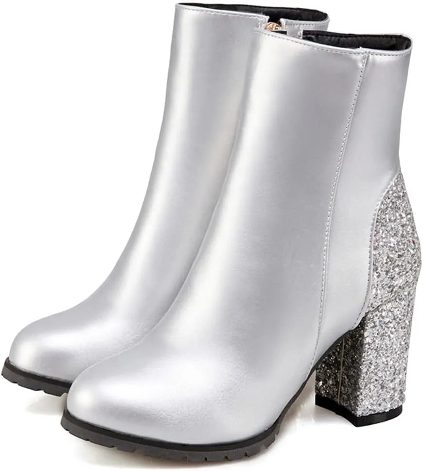 Women's Fashion Glitter Chunky High Heel Dressy Ankle Boots Round Toe Side Zipper Dress Short Booties