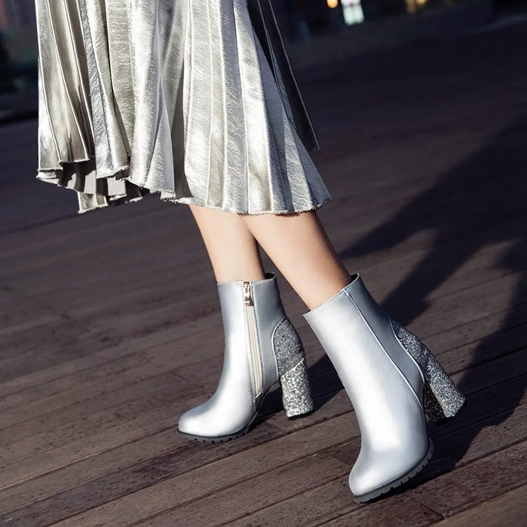 Women's Fashion Glitter Chunky High Heel Dressy Ankle Boots Round Toe Side Zipper Dress Short Booties