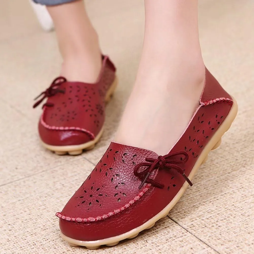 Women's Floral Leather Slip-On Shoes Flat Slipper Walking Loafers