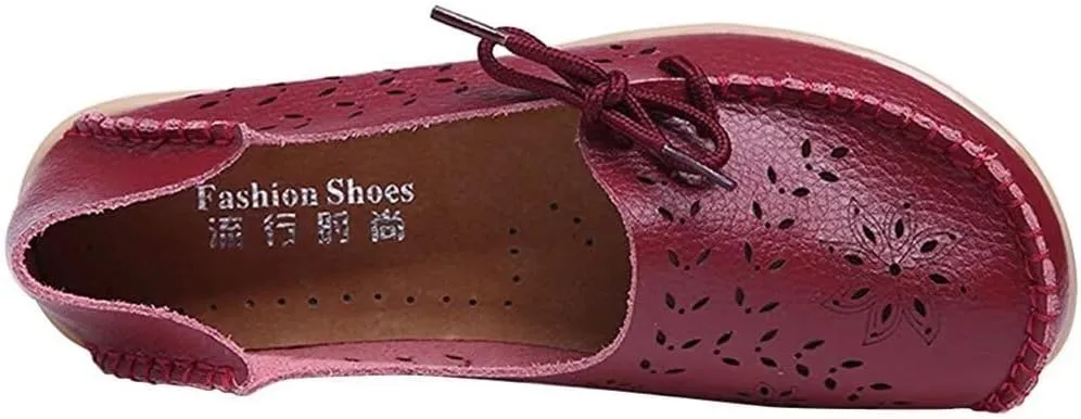 Women's Floral Leather Slip-On Shoes Flat Slipper Walking Loafers