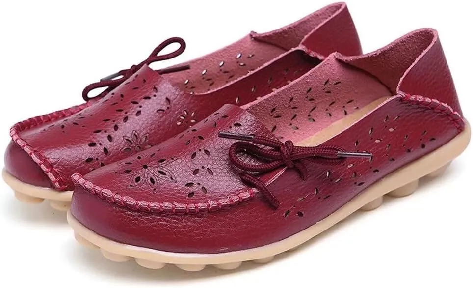 Women's Floral Leather Slip-On Shoes Flat Slipper Walking Loafers
