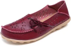 Women's Floral Leather Slip-On Shoes Flat Slipper Walking Loafers