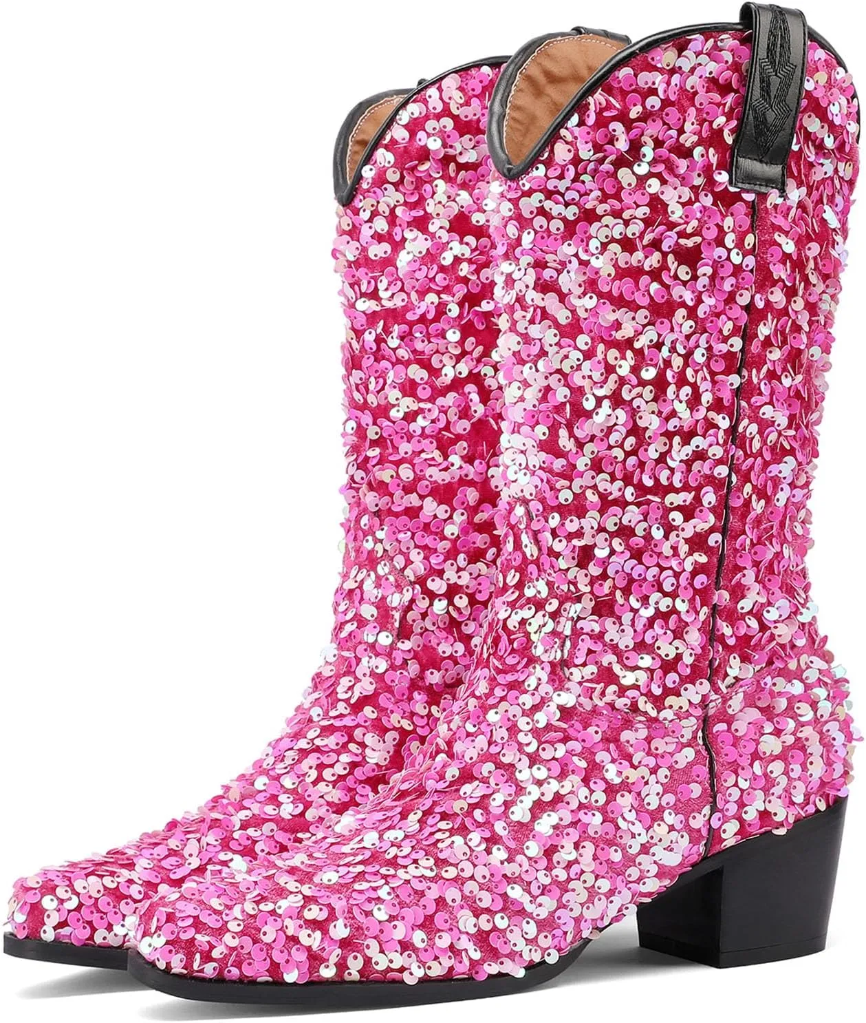 Women's Glitter Cowboy Boots Mid-Calf Chunky Heels Western Cowgirl Boots Sparkly Sequin Wedding Dress Shoes