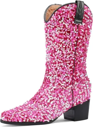 Women's Glitter Cowboy Boots Mid-Calf Chunky Heels Western Cowgirl Boots Sparkly Sequin Wedding Dress Shoes