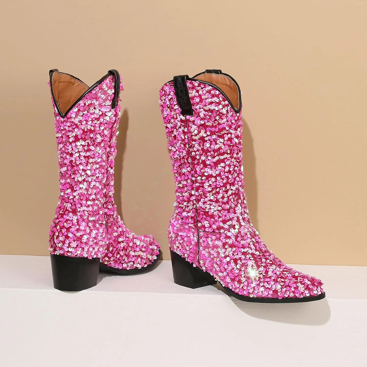Women's Glitter Cowboy Boots Mid-Calf Chunky Heels Western Cowgirl Boots Sparkly Sequin Wedding Dress Shoes