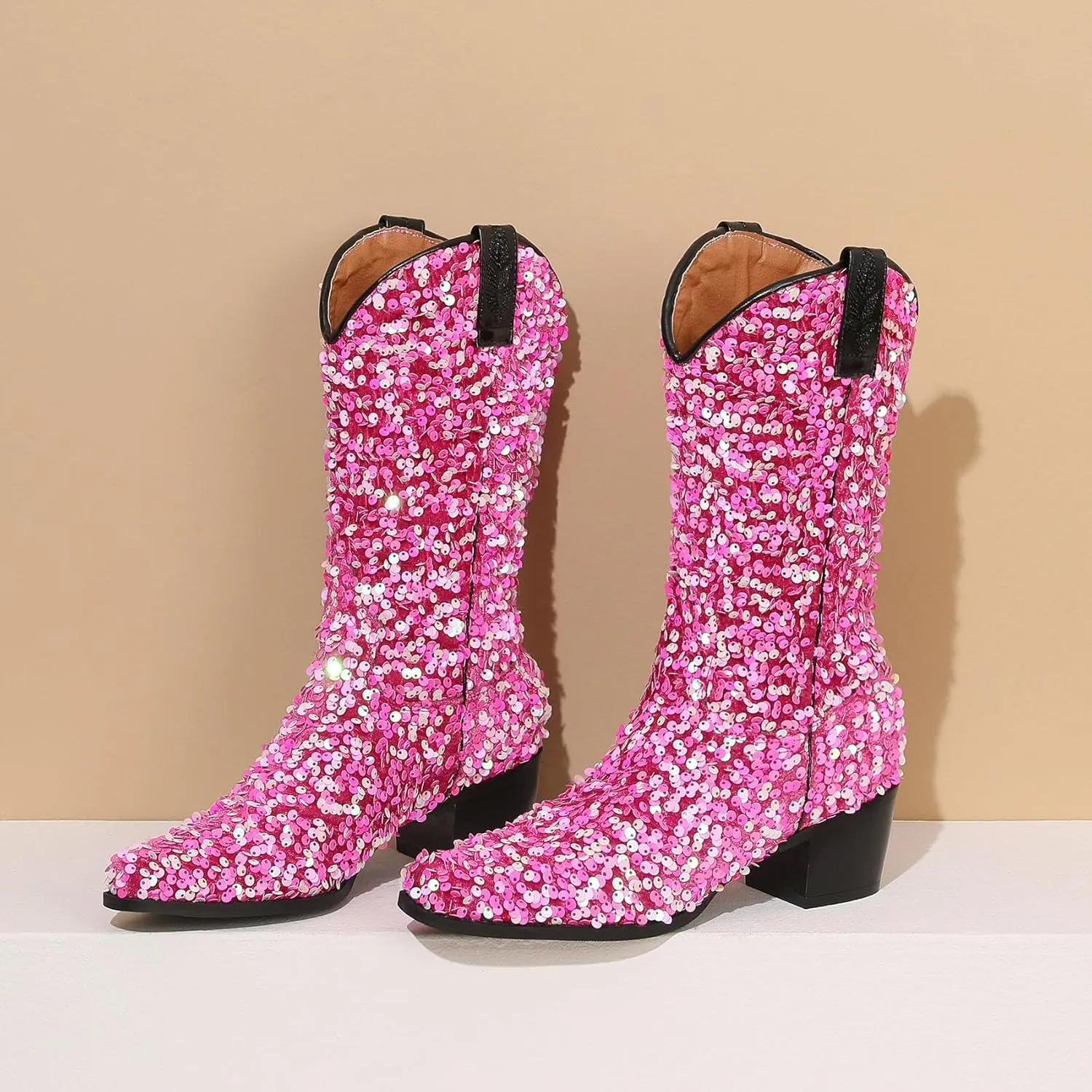 Women's Glitter Cowboy Boots Mid-Calf Chunky Heels Western Cowgirl Boots Sparkly Sequin Wedding Dress Shoes