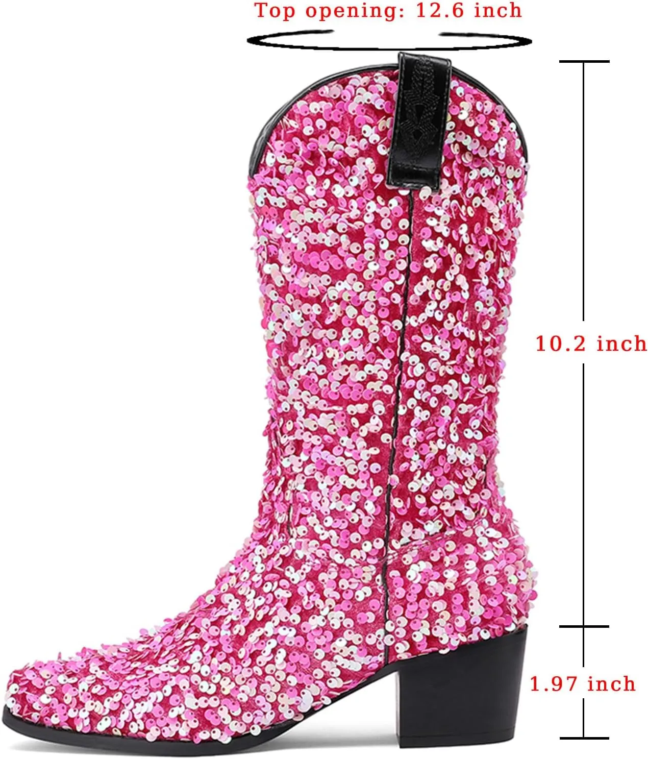 Women's Glitter Cowboy Boots Mid-Calf Chunky Heels Western Cowgirl Boots Sparkly Sequin Wedding Dress Shoes