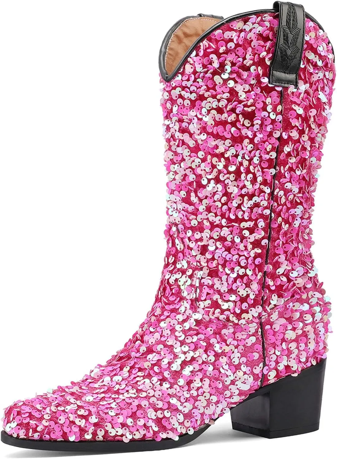 Women's Glitter Cowboy Boots Mid-Calf Chunky Heels Western Cowgirl Boots Sparkly Sequin Wedding Dress Shoes