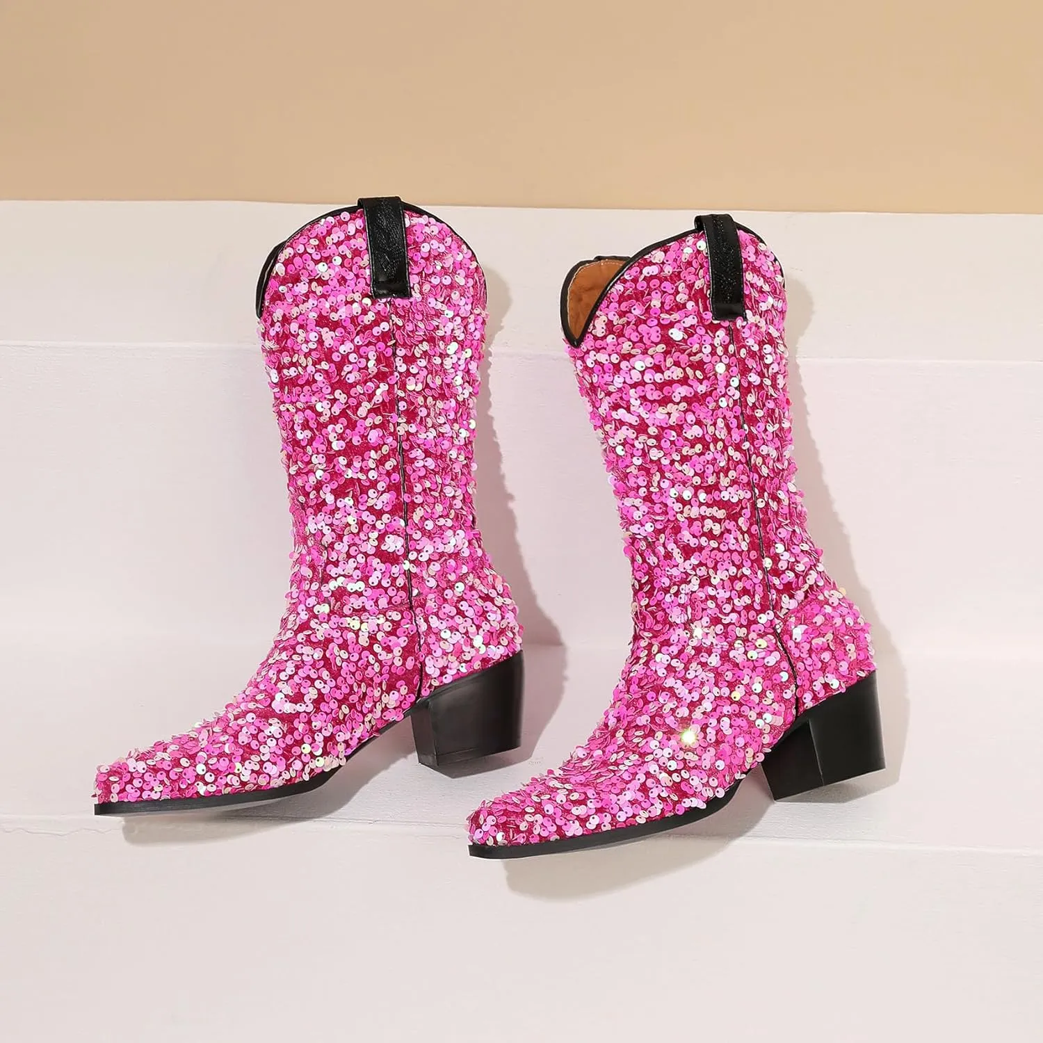 Women's Glitter Cowboy Boots Mid-Calf Chunky Heels Western Cowgirl Boots Sparkly Sequin Wedding Dress Shoes