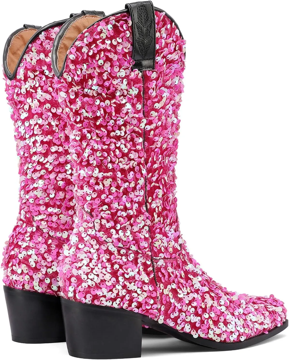 Women's Glitter Cowboy Boots Mid-Calf Chunky Heels Western Cowgirl Boots Sparkly Sequin Wedding Dress Shoes