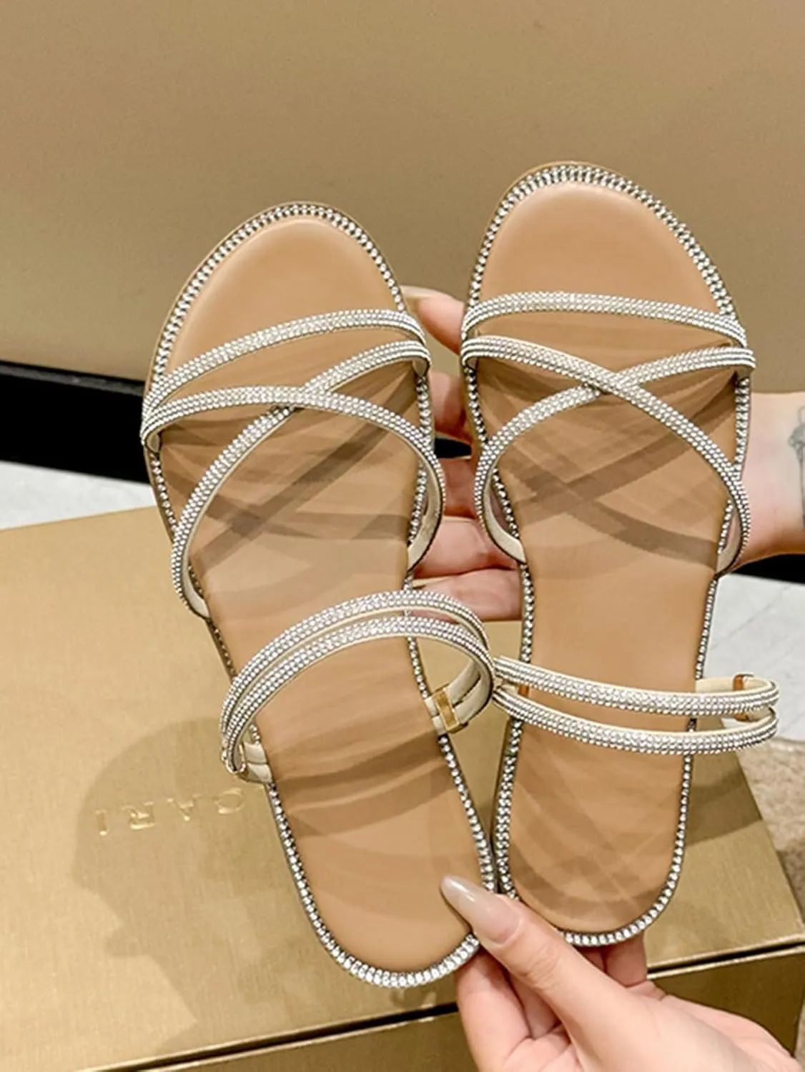 Women's Glitter Rhinestone Flat Criss Cross Strappy Open Toe Sandals Slip On Slippers