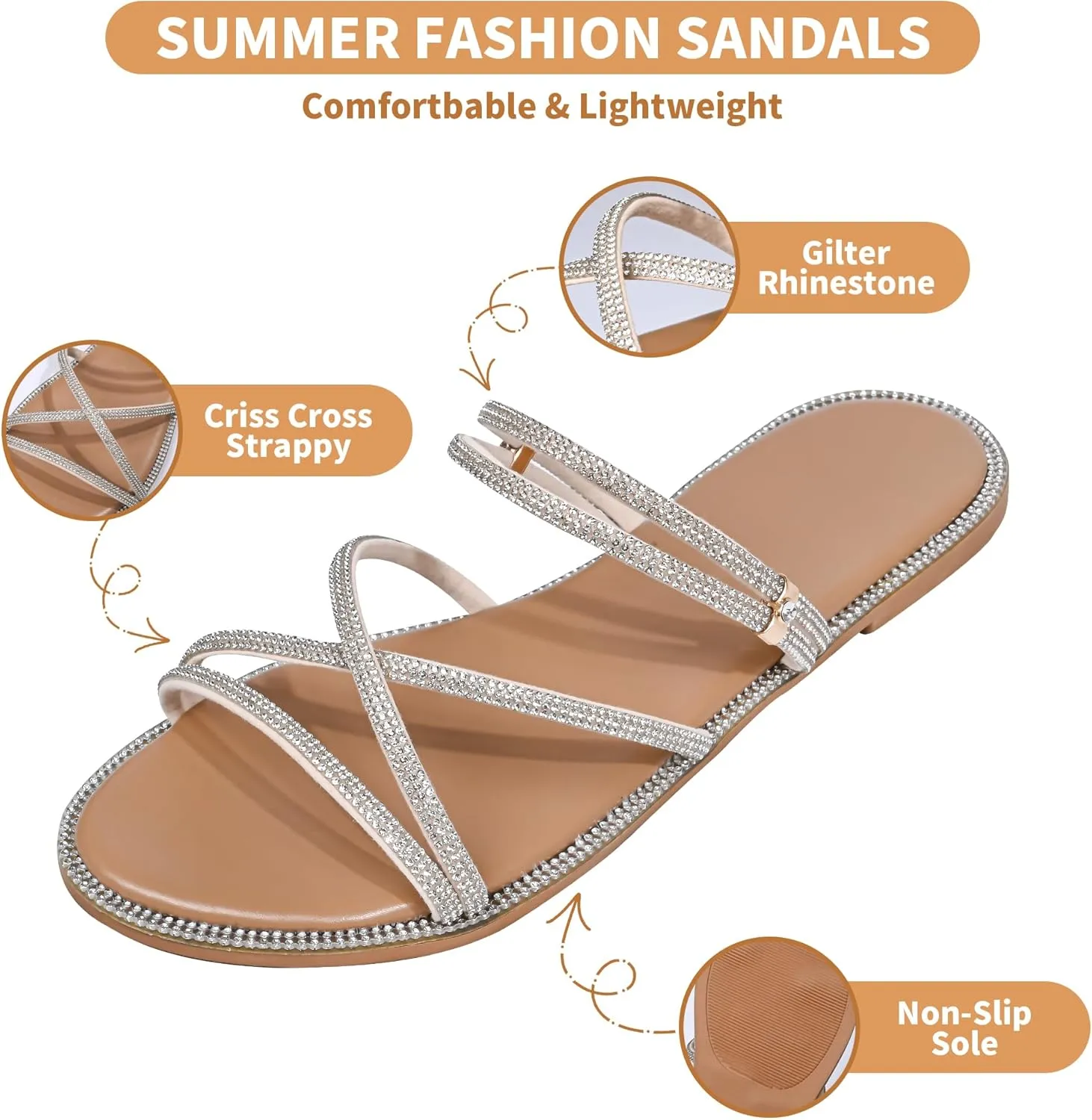 Women's Glitter Rhinestone Flat Criss Cross Strappy Open Toe Sandals Slip On Slippers