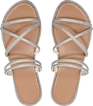 Women's Glitter Rhinestone Flat Criss Cross Strappy Open Toe Sandals Slip On Slippers