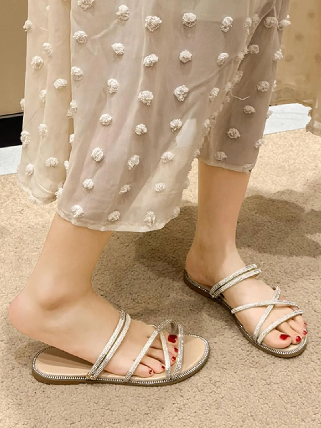Women's Glitter Rhinestone Flat Criss Cross Strappy Open Toe Sandals Slip On Slippers