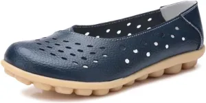 Women's Leather Flats Shoes Slip-Ons Casual Walking Driving Loafers Breathable Cutout