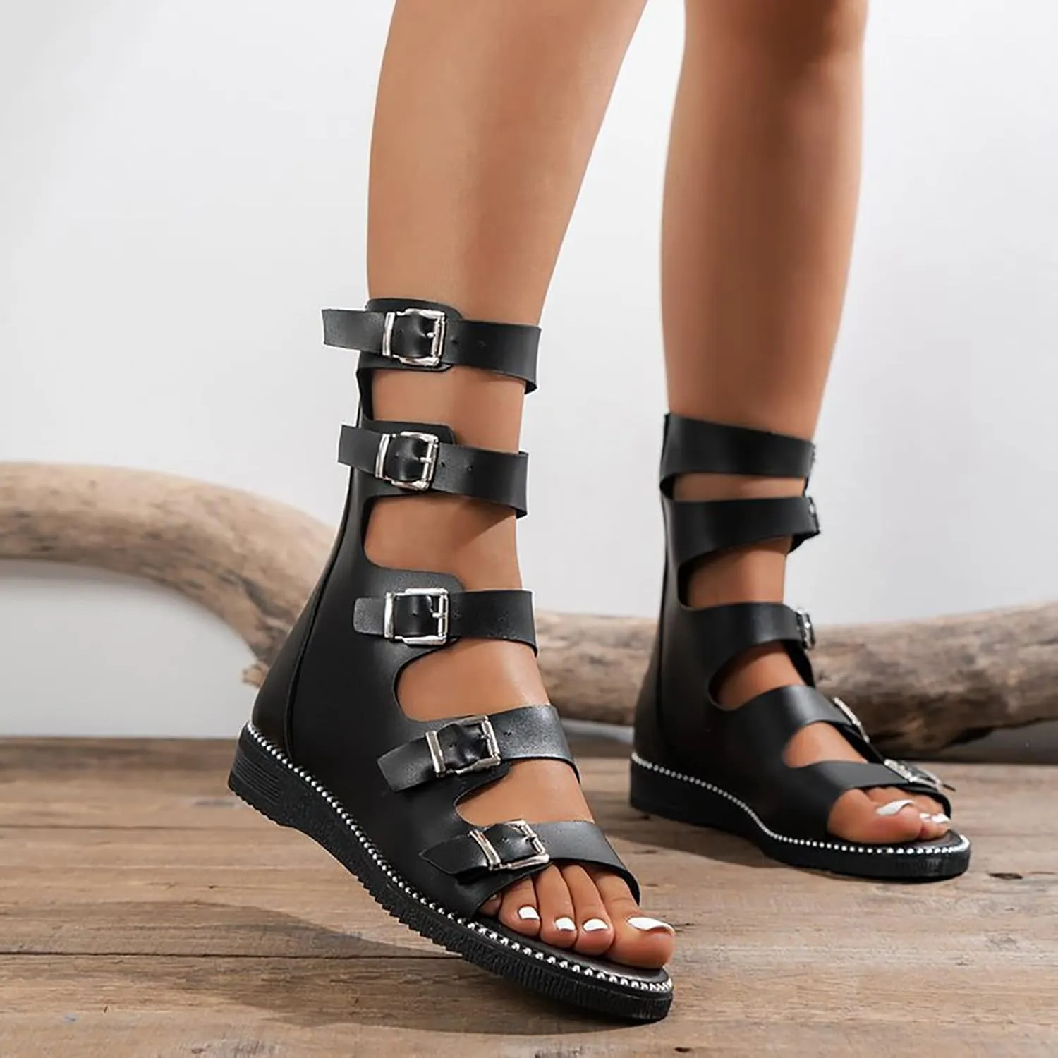 Women's Leather Mid Calf Roman Sandals,Adjustable Ankle Strap Non-Slip Open Toe Gladiator Knee High Flat Sandals,Summer High Top Sandals