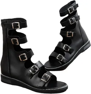 Women's Leather Mid Calf Roman Sandals,Adjustable Ankle Strap Non-Slip Open Toe Gladiator Knee High Flat Sandals,Summer High Top Sandals