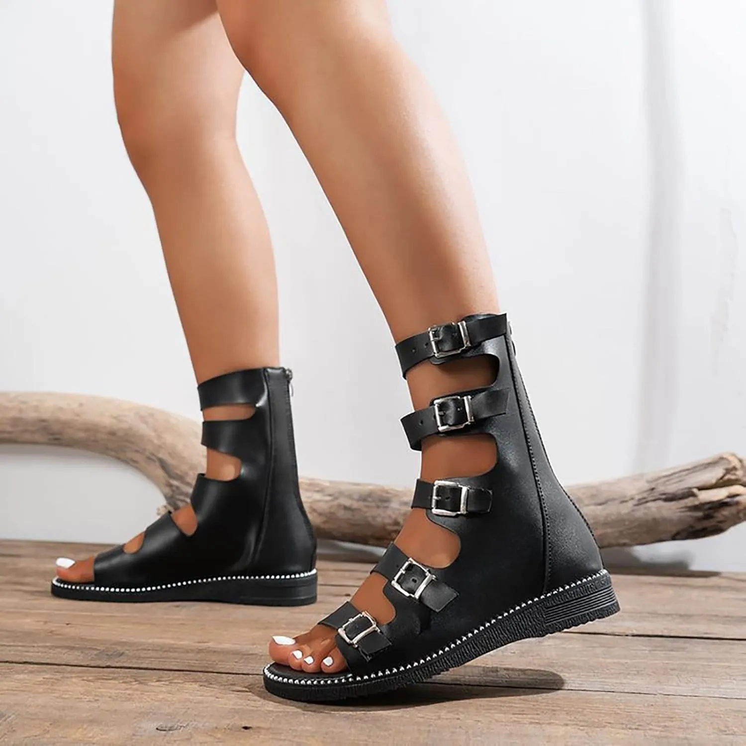 Women's Leather Mid Calf Roman Sandals,Adjustable Ankle Strap Non-Slip Open Toe Gladiator Knee High Flat Sandals,Summer High Top Sandals