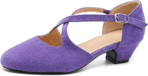 Women's Low Chunky Heel Pumps Cross Strap Closed Toe Dress Shoes