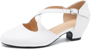 Women's Low Chunky Heel Pumps Cross Strap Closed Toe Dress Shoes