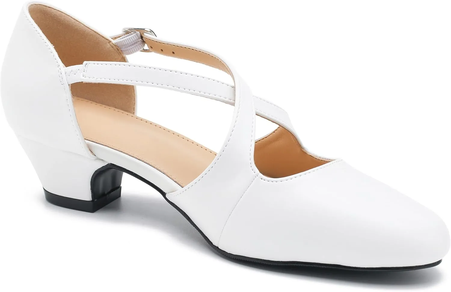 Women's Low Chunky Heel Pumps Cross Strap Closed Toe Dress Shoes
