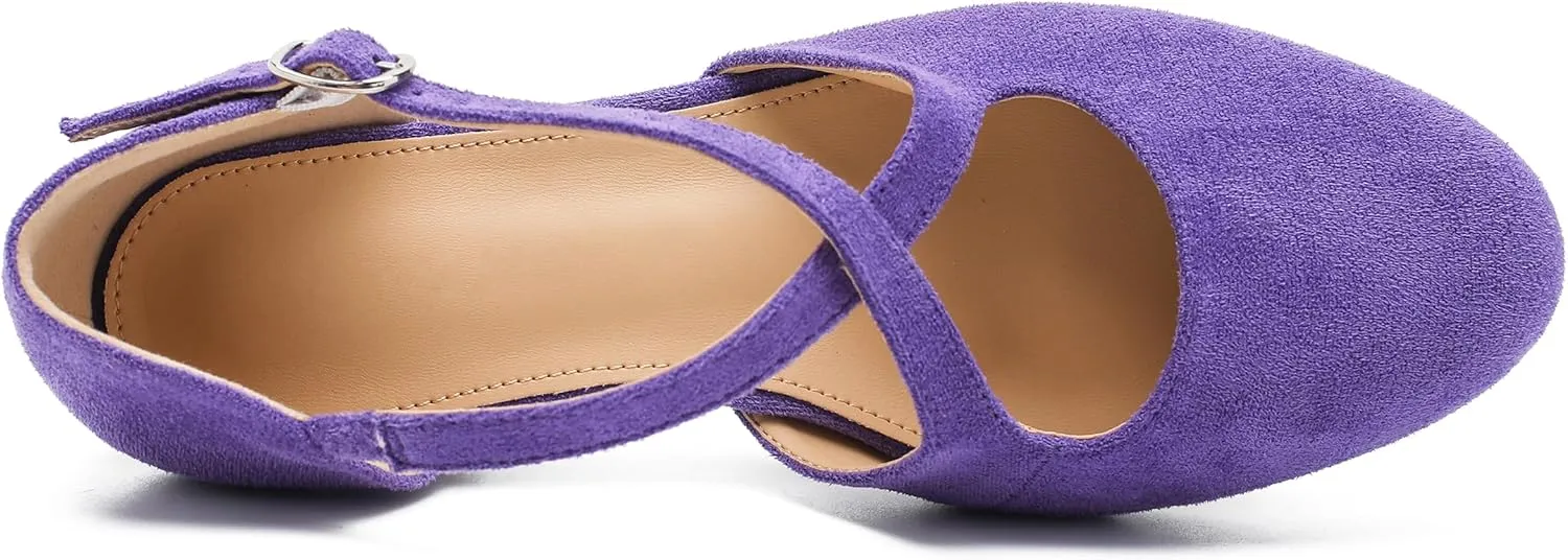 Women's Low Chunky Heel Pumps Cross Strap Closed Toe Dress Shoes