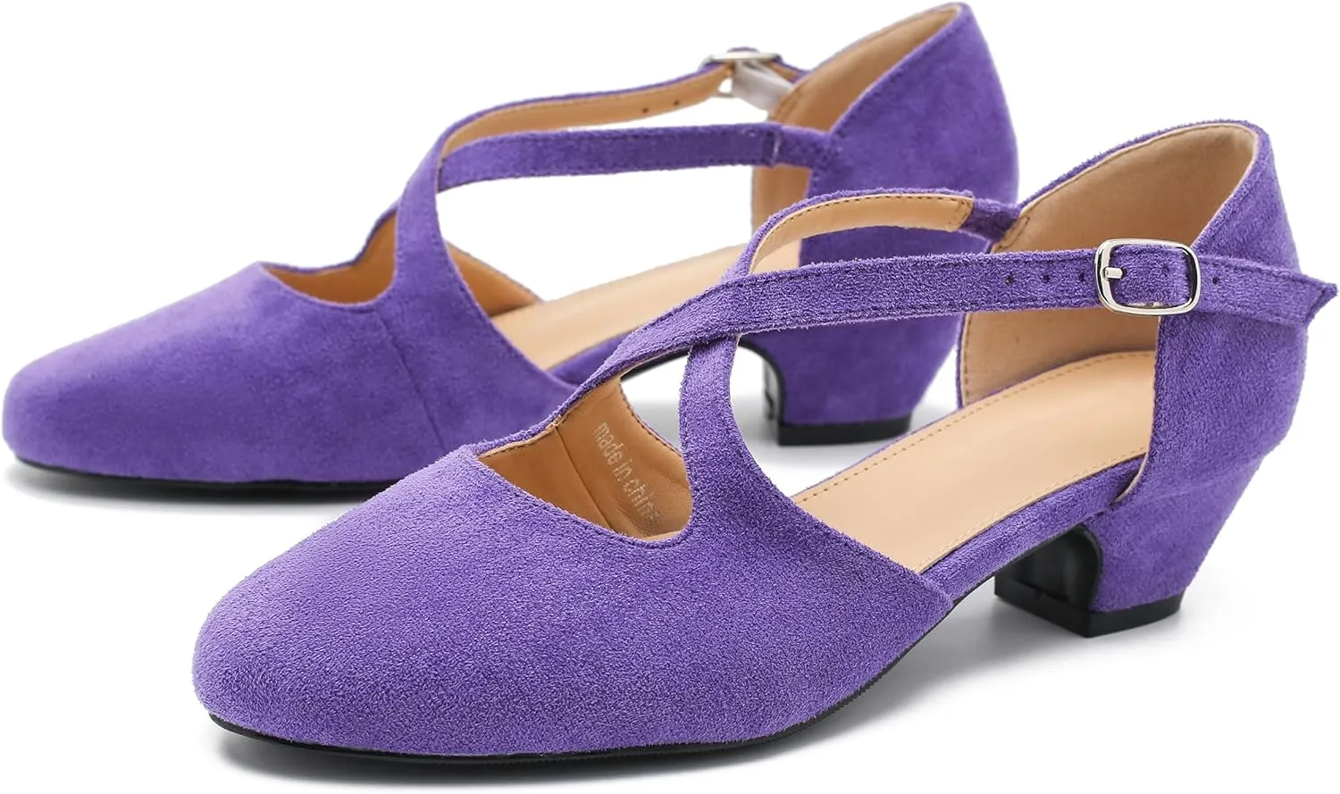Women's Low Chunky Heel Pumps Cross Strap Closed Toe Dress Shoes